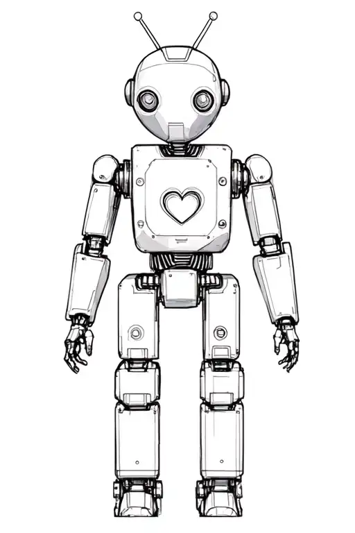 Humanoid robot with antenna, jointed limbs, heart-shaped control panel tattoo design idea