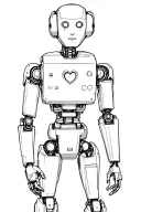 Humanoid robot with antenna, jointed limbs, heart-shaped control panel tattoo design idea