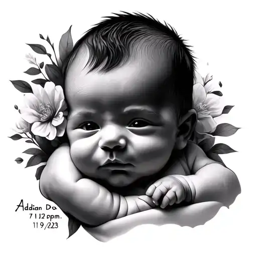 "Adrian Dover. 7:12pm 11/9/2023" first born baby boy tattoo design idea