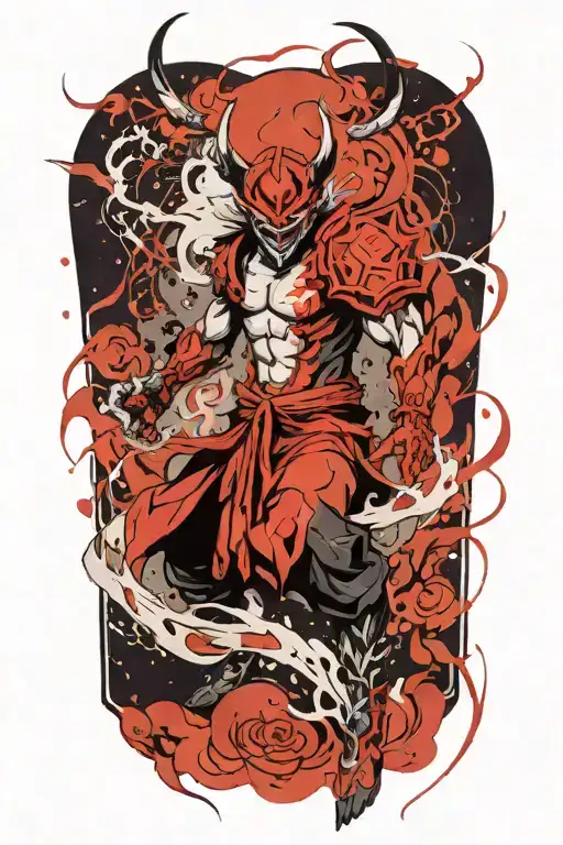 anime character full body wearing a oni mask fighting off inner demons with minimal black areas and no background filler tattoo design idea