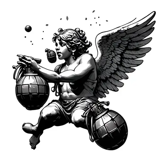 angel juggling 3 grenades with grenade pins in mouth tattoo design idea