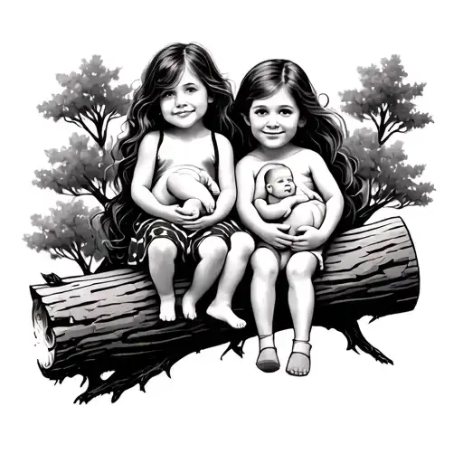 6 year old girl 4 year old boy 2 year old girl and new born baby sitting on a tree log 4 kids in total  tattoo design idea