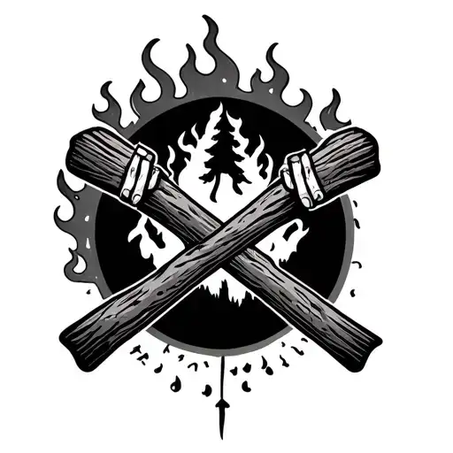 burning Forest silhouette wrist tattoo with crossed Pulaski's in the background tattoo design idea