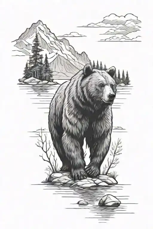 bear in a forest by a lake surrounded by mountains tattoo design idea