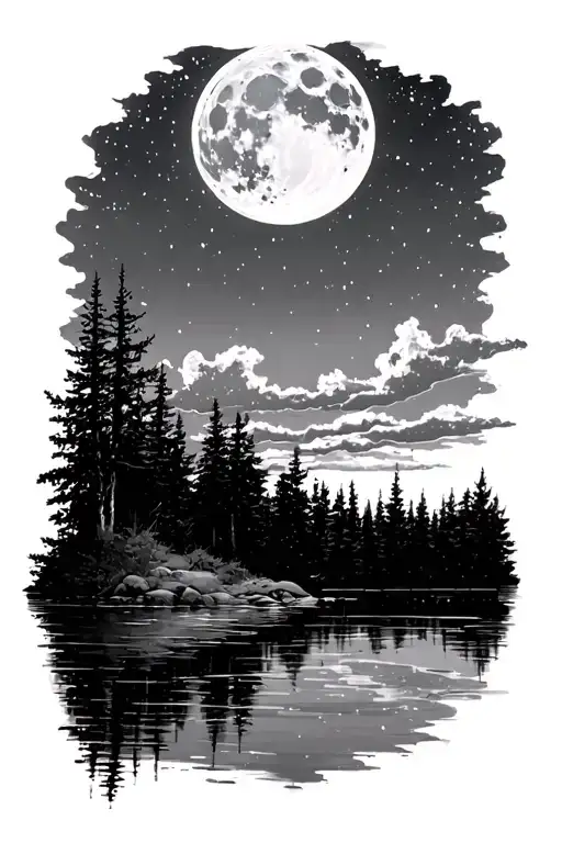 a calm night sky with the moon up and a still water reflection of the moon with a forest next to it tattoo design idea