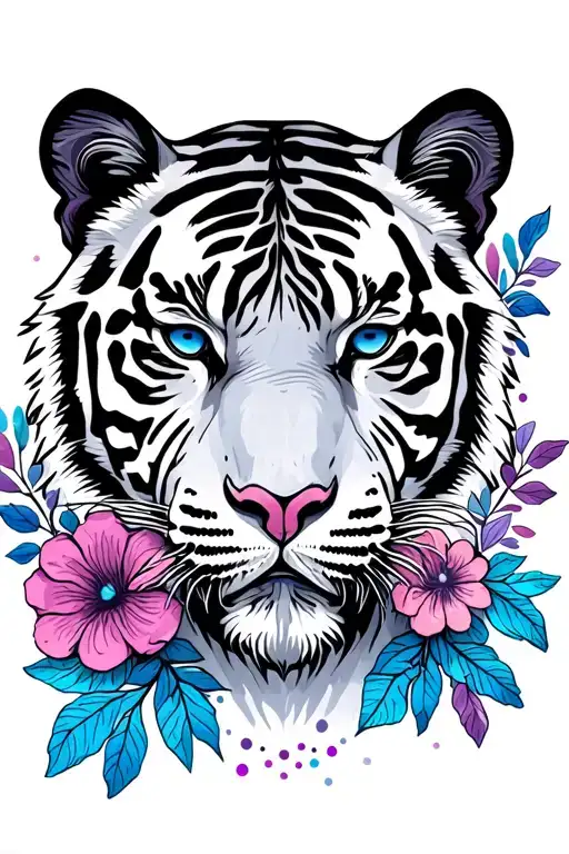 realistic neutral tiger face with flowers surrounding, leaves, dots and lines in blue, violet, pink colour tattoo design idea