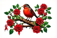 Robin sitting on branch surrounded by a lot of red roses with a cancer ribbon hanging off the end of it tattoo design idea