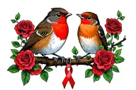 Robin sitting on branch surrounded by a lot of red roses with a cancer ribbon hanging off the end of it tattoo design idea