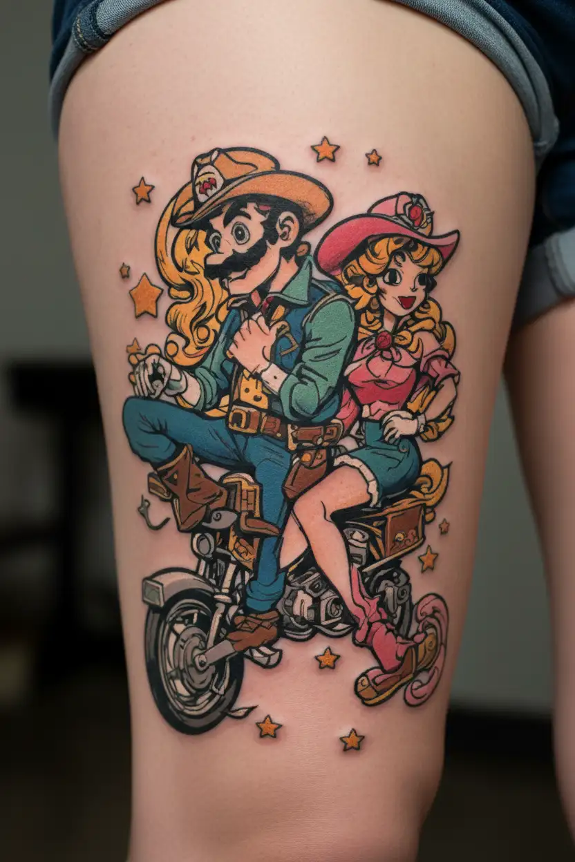 super Mario cowboy and Peach Princess PinUp  tattoo design idea