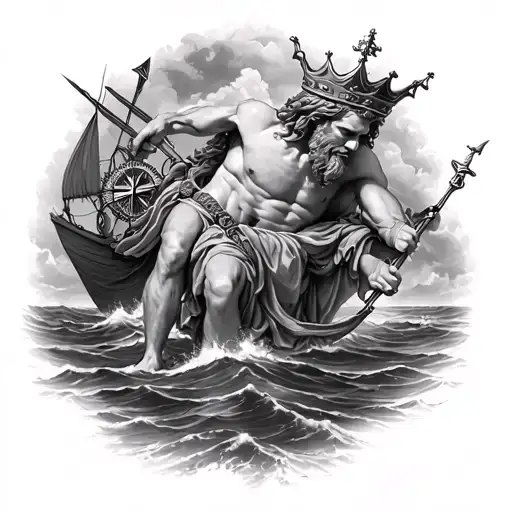 Poseidon with a crown and boat and harpoon and compass. tattoo design idea