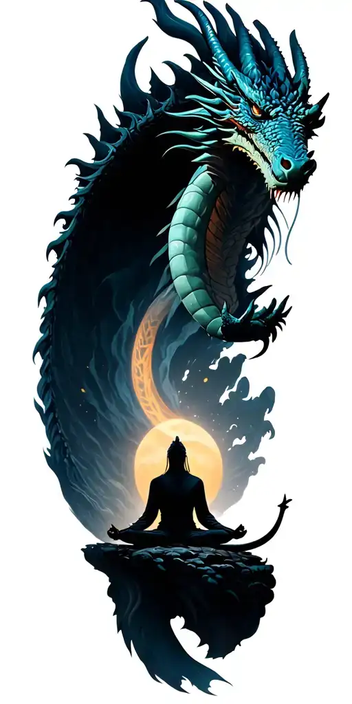 mountain and warrior in peace meditating and single dragon flying in infinity  tattoo design idea