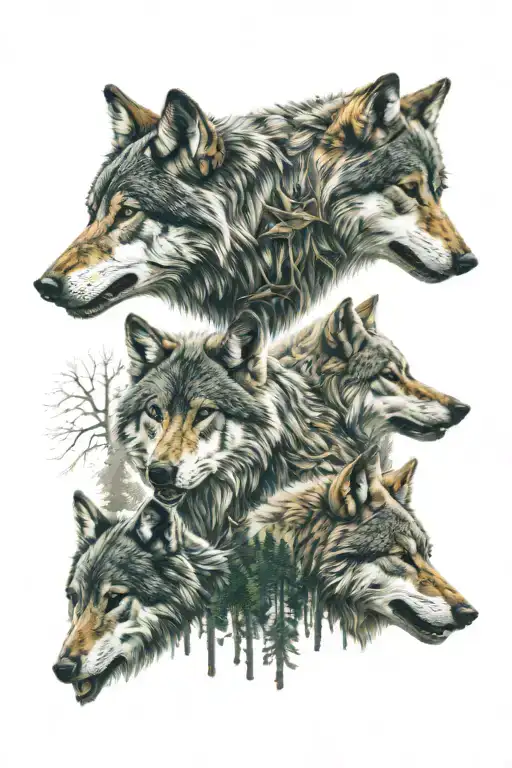 forest wolf pack family tattoo design idea