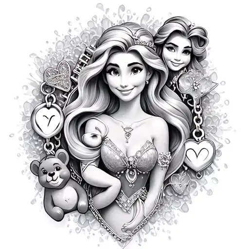 disney tattoo with pixie dust, rapunzle, ariel, pooh bear, baby simba, and stitch charms - charm bracelet style tattoo design idea
