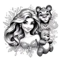 disney tattoo with pixie dust, rapunzle, ariel, pooh bear, baby simba, and stitch charms - charm bracelet style tattoo design idea