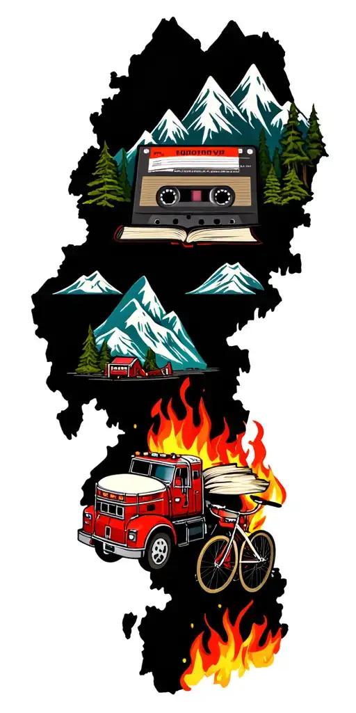 map with landmarks with road, mountains, trex fire truck, mountain bike drum set, cassette tape, book on fire, tattoo design idea