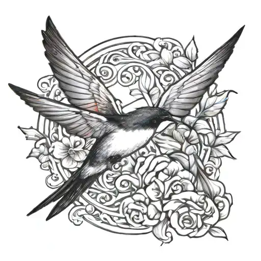I want a tattoo of 2 swallows on the wings and chest area, with yellow, red, blue and green colors mixed together in lig tattoo design idea