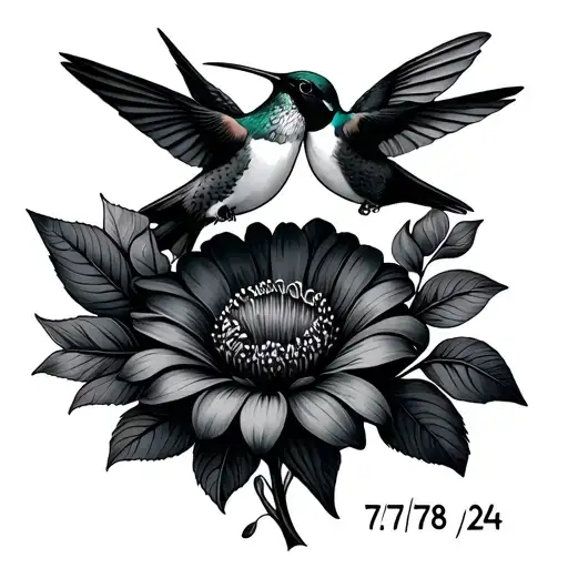 the date 7/7/78-8/23/24 with a flower and humming birds  tattoo design idea
