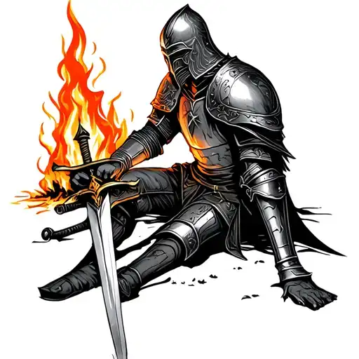 knight resting at a fire with his sword tattoo design idea