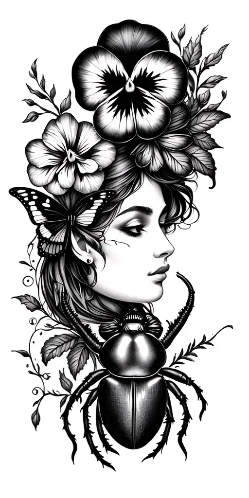 Capricorn symbols intertwined, Libra symbols, pansy flower,  butterfly, astrology, woman with horns, beetle tattoo design idea