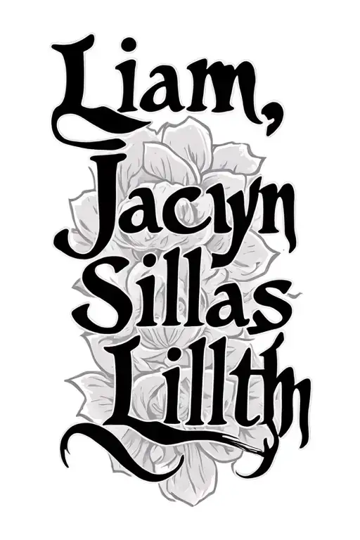 "Liam, Jaclyn, Silas, Lillith" kids names incorporated tattoo design idea
