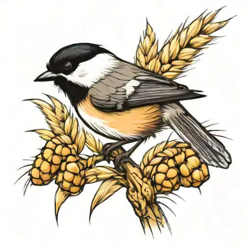 realistic chickadee on a branch with wheat in mouth  tattoo design idea