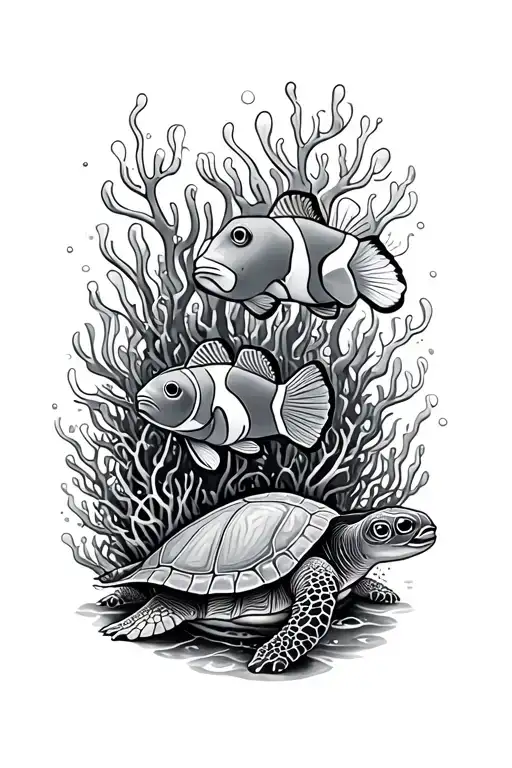 coral reef with clownfish and turtle tattoo design idea