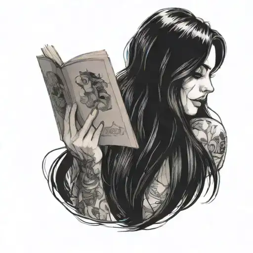 girl with long black hair and 00 gaged earrings reading book in front of face  tattoo design idea
