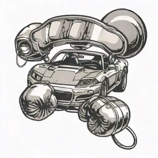 A sleek sports car with boxing gloves hanging from the rearview mirror tattoo design idea
