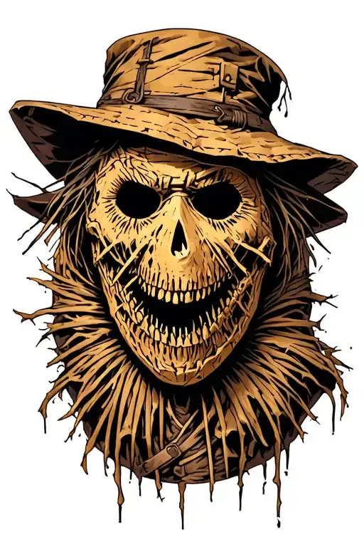 dark, graphic horror-style tattoo of Scarecrow from Arkham Asylum. He has a twisted burlap sack mask with jagged stitche tattoo design idea