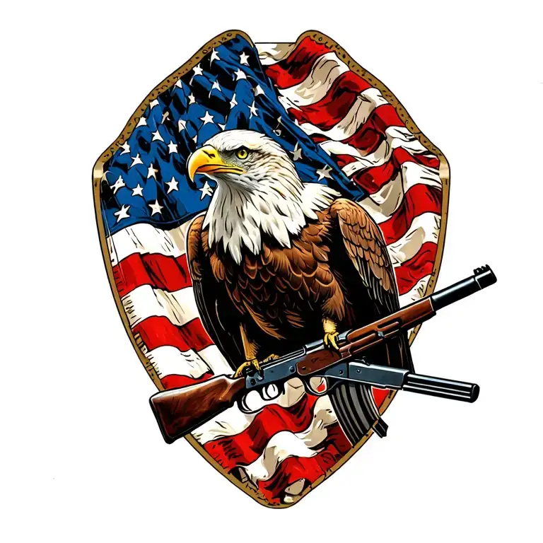 A patriotic bald eagle perched on a rifle with an American flag in the background tattoo design idea