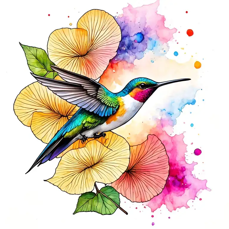 A delicate fine line tattoo design of a hummingbird  next to ginkgo leaves. watercolor splashes around tattoo design idea