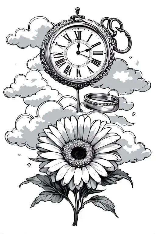 Gerbera with clouds surrounding with clocks and dates with linked wedding rings tattoo design idea