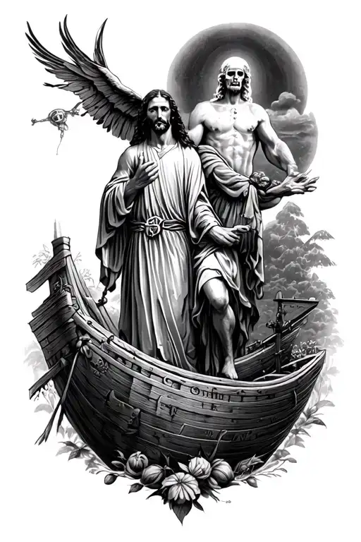 Illustrative and black and gray, with gardenofEden at wrist and Noah’s ark, Elijah caught up death burial andressrection tattoo design idea