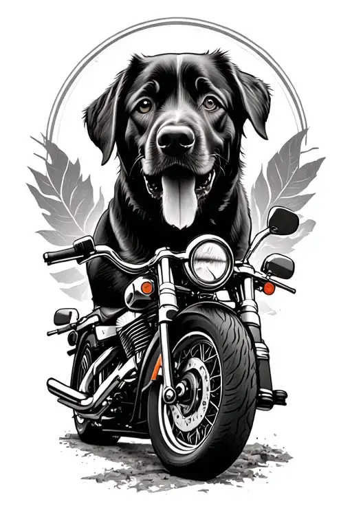 make a tattoo from bicep to wrap to upper forearm nature realism no color incorporate dog and vintage motorcycle harley tattoo design idea