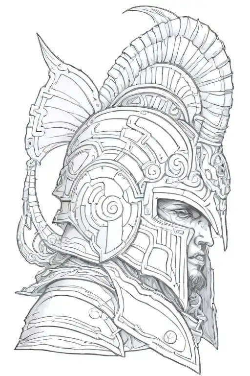 the geek god ares, rams horn helmet in a 3/4 view tattoo design idea