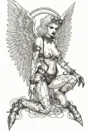 Sexy Angel, pale skin, Big breasts, Wide Hips, Angel wings, Halo, Bondage outfit, Seductive, Sexual, Full Body view  tattoo design idea