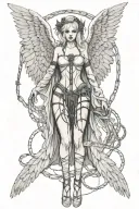 Sexy Angel, pale skin, Big breasts, Wide Hips, Angel wings, Halo, Bondage outfit, Seductive, Sexual, Full Body view  tattoo design idea