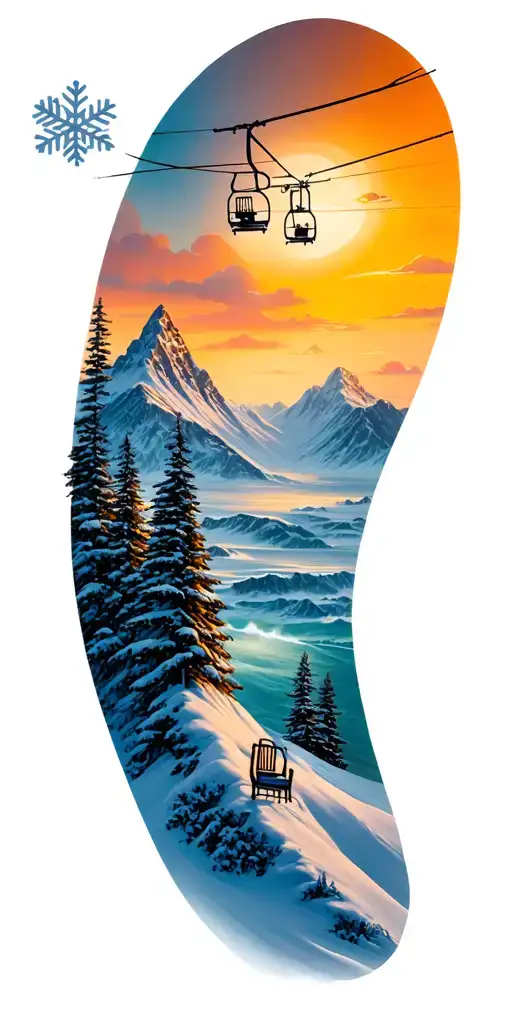 Ocean And Mountain landscape with snowflake and chairlift tattoo design idea