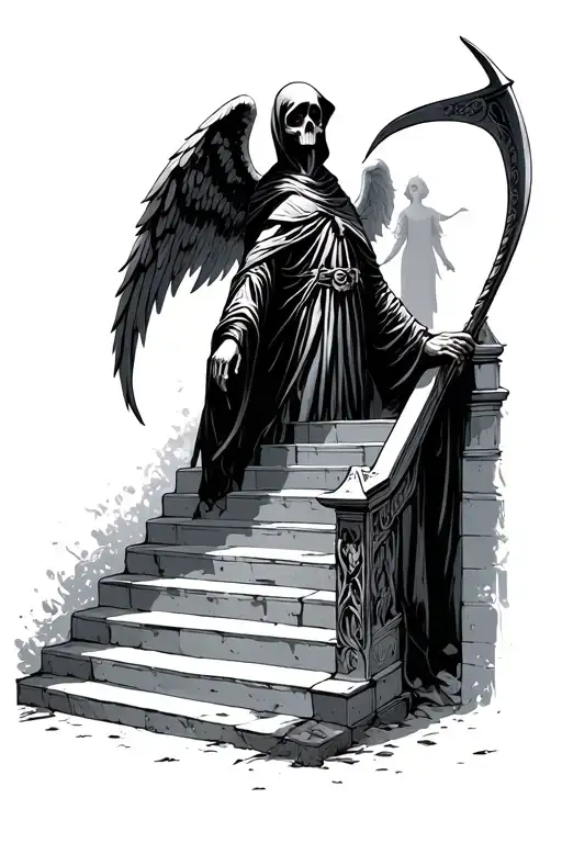 grim reaper holding a scythe and stairs to an angel tattoo design idea