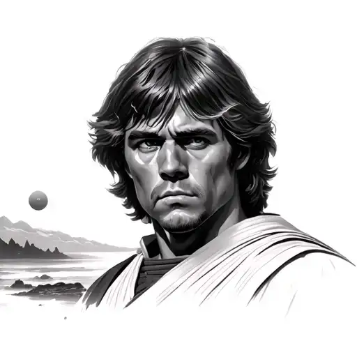 Luke skywalker looking into sunset sky tattoo design idea