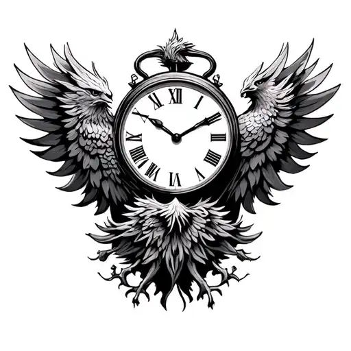 Phoenix and time clock tattoo design idea