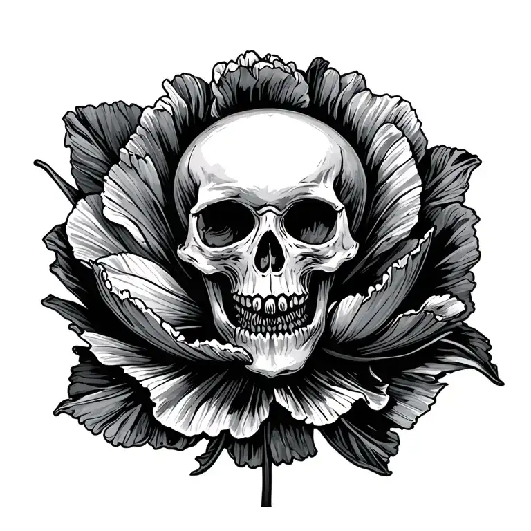 opium poppy bloomed with a pod beside it, on a different stem, that has a skull inside  tattoo design idea