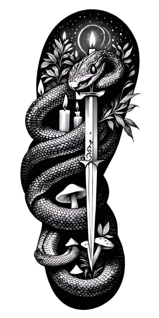 snake wrapped around arm, the rest filled with runes, candles, mushrooms, a dagger, some herbs, plants, witchy stuff   tattoo design idea