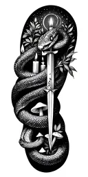 snake wrapped around arm, the rest filled with runes, candles, mushrooms, a dagger, some herbs, plants, witchy stuff   tattoo design idea