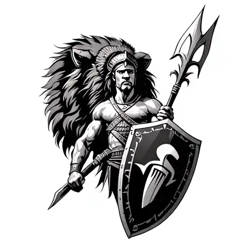 Spartan warrior holding a spear in his right hand a shield in his left hand. Over him is a big lion head. tattoo design idea