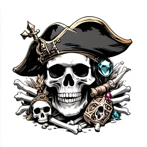 pirates treasure trinkets jewels gems amongst skulls and bones tattoo design idea