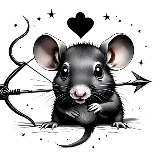 a baby rat who shoots an archery with a heart arrow towards a star sky tattoo design idea