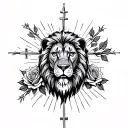 crosses, roses, lion head, light rays coming tattoo design idea