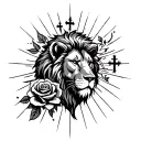crosses, roses, lion head, light rays coming tattoo design idea
