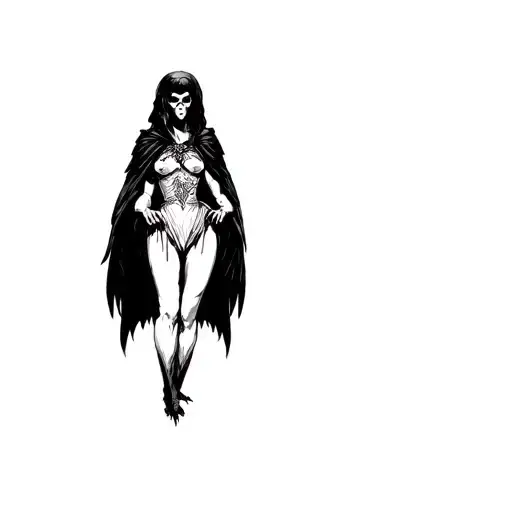 The Morrigan Goddess of Death, with a large crow behind her. Beautiful but terrifying. Wearing a dress with a cloak.  tattoo design idea